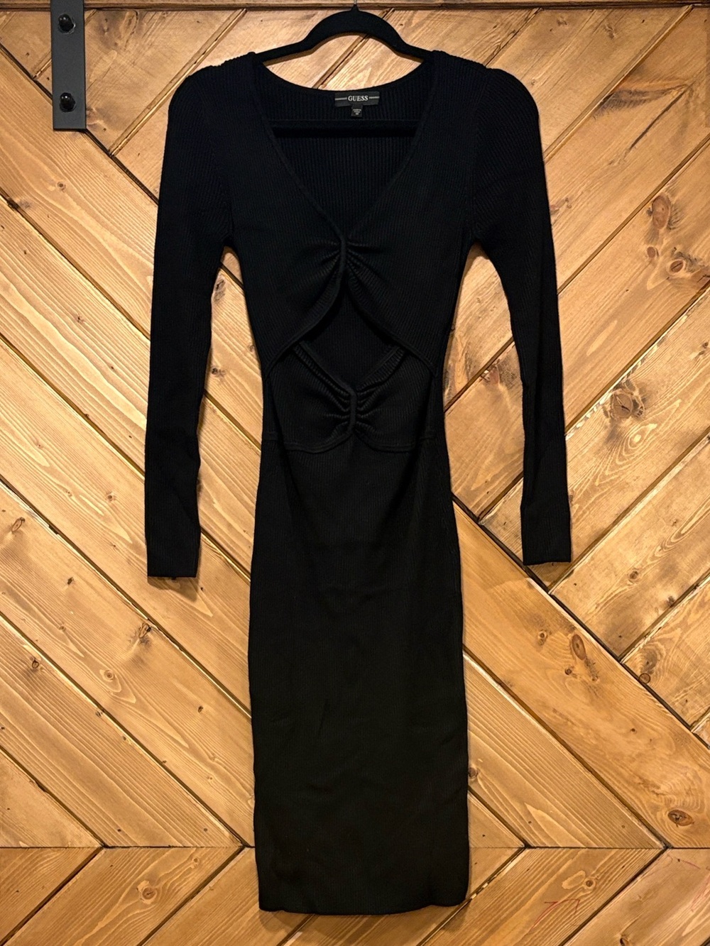 GUESS Black Long-Sleeve Twist-Cut Out Detail Midi Ribbed Dress Medium